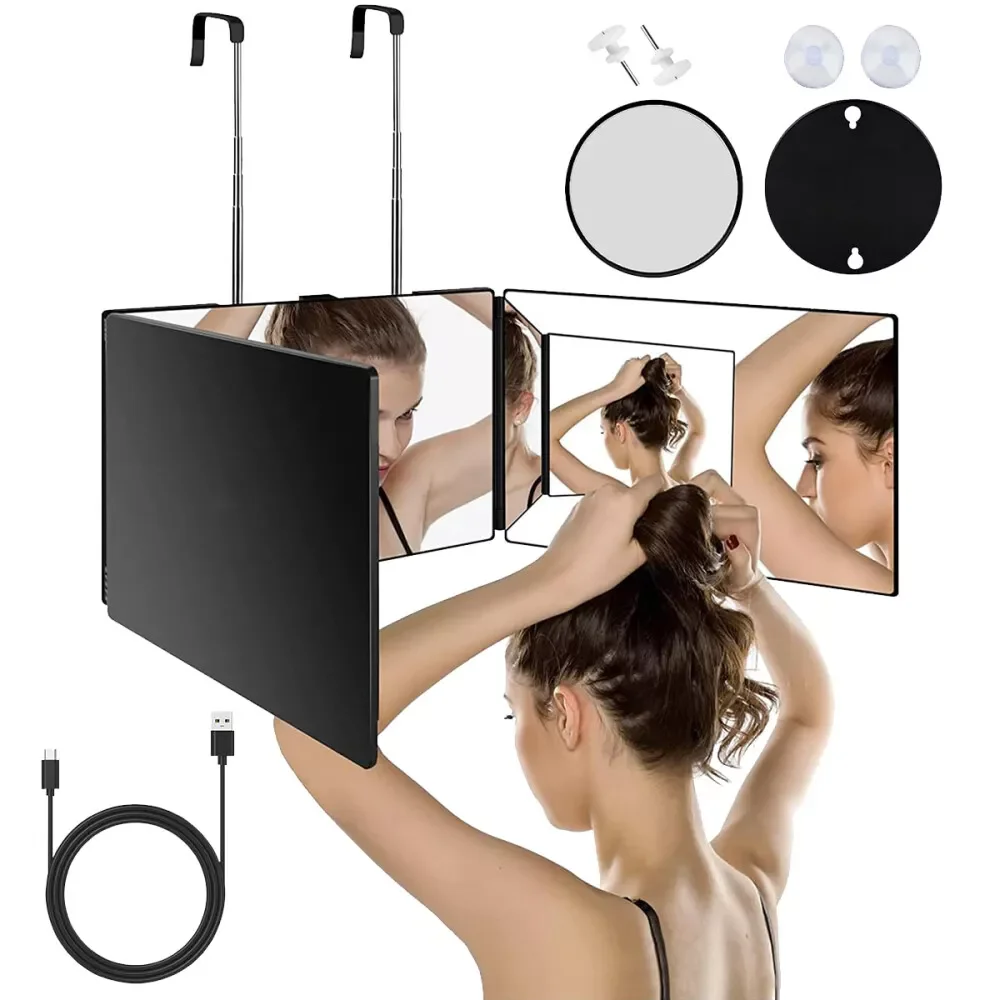 Miroir de maquillage à trois volets avec réglage de la hauteur et design pivotant à 360 degrés, équipé de crochets de suspension, servant de miroir polyvalent pour le maquillage et les coupes de cheveux.