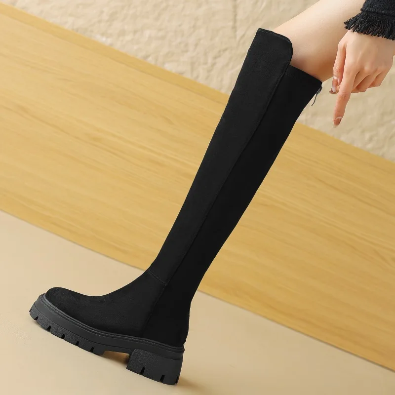 Botas elásticas espessadas de lã feminina, botas plataforma impermeáveis, zíper traseiro com veludo, manga alta, botas sobre o joelho, novo, inverno, 2023