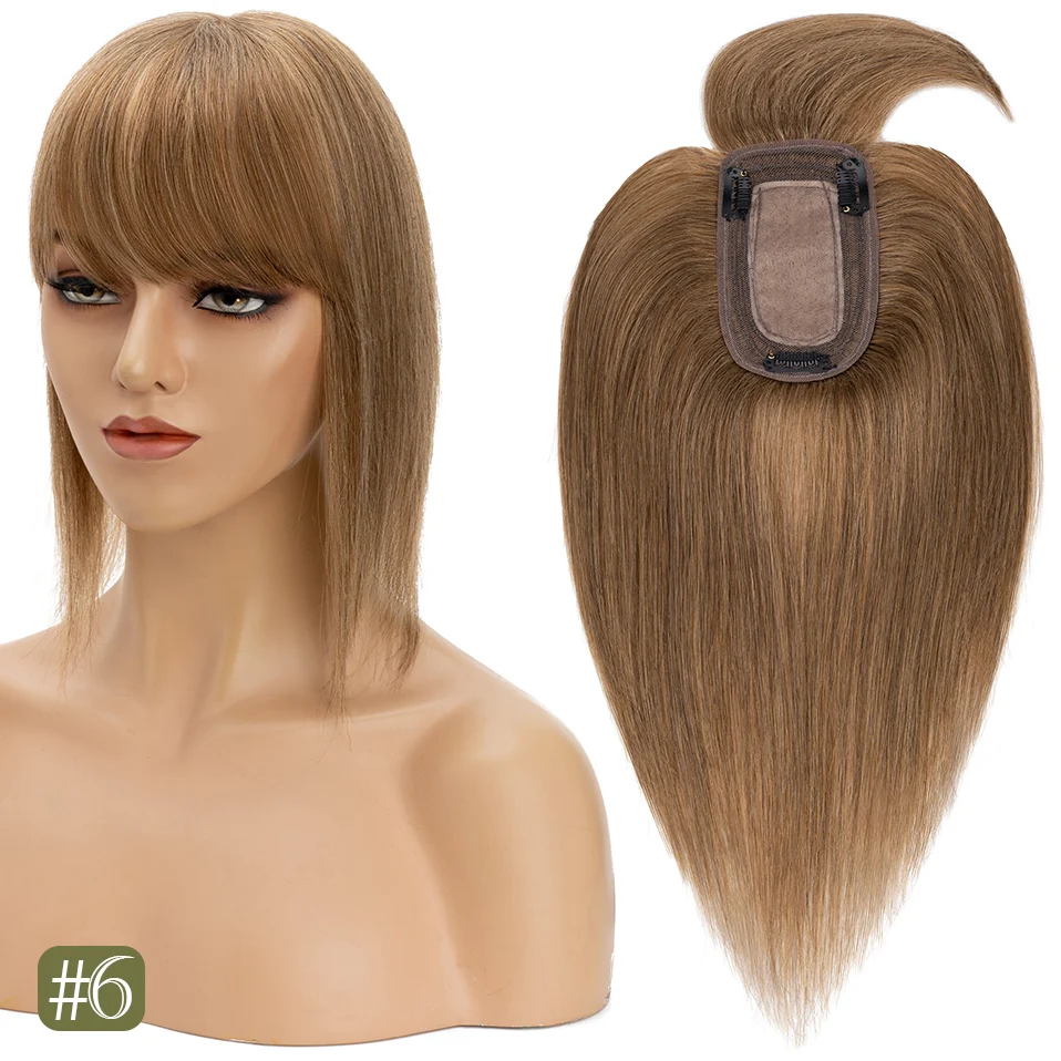 TESS Damen-Topper, 7 x 12,5 cm, Haaraufsätze mit Pony, Naturhaar-Perücke, Echthaar, Seidenbasis, Mittelteil, Haarspange in der Haarverlängerung – Detail 12