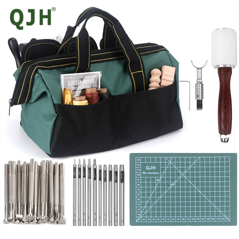 Leather Tools & Supplies Set with Leather Tool Bag, Prong Punch, Edge Beveler, Wax Ropes, Sewing Needles, Leather Craft Making