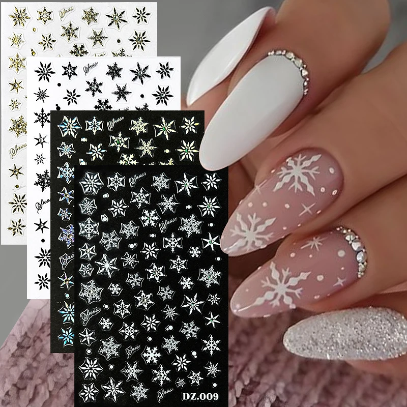 3D Laser Snowflakes Nail Art Stickers Decal White/Black/Gold/Silver Snowflake Winter Nail Design For Xmas Decorations Manicure