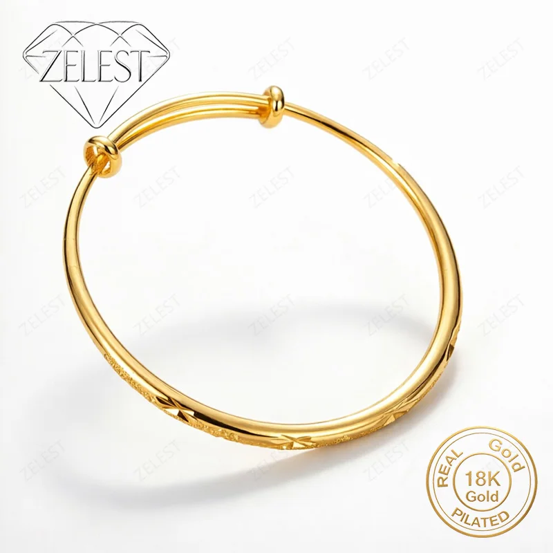 18K Gold Plated Exquisite Flower Carved Bangle, Fashionable Wedding Party Jewelry, Adjustable Bangle