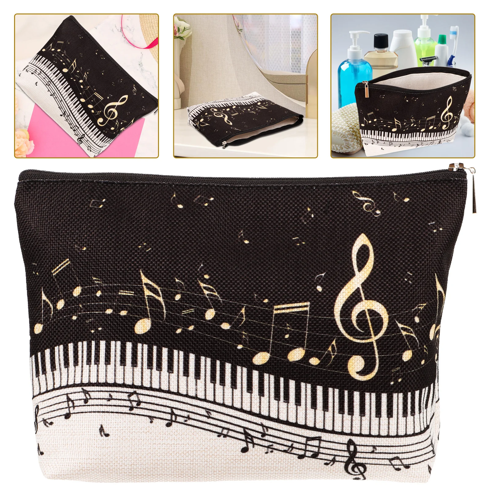

Waterproof Linen Makeup Bag Portable Organizer Music Theme Print Zipper Closure Travel Cosmetics Pouch for Women