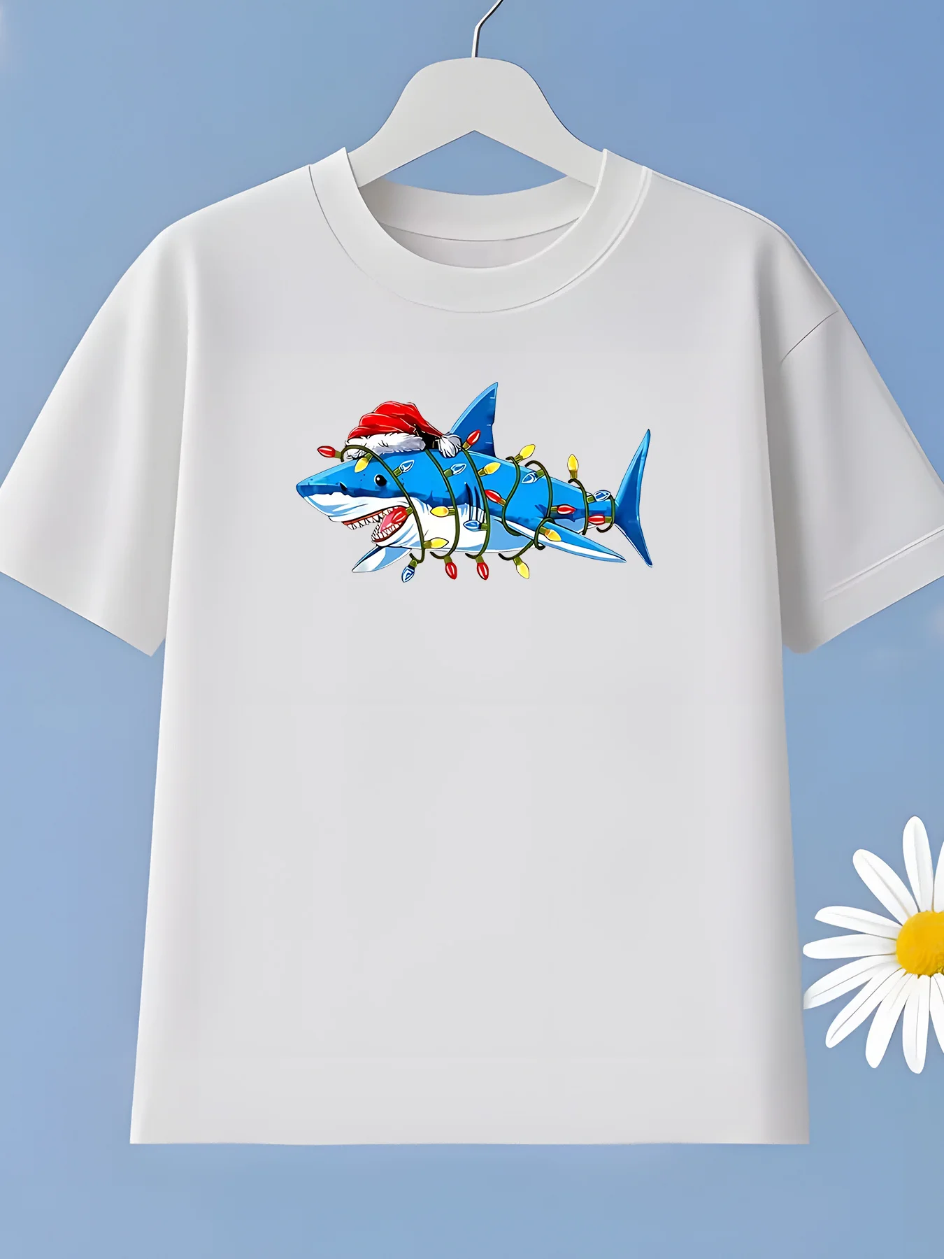 Children's Shark Christmas Light and Shark Tooth Printed T-shirt Round Neck Summer Top Machine Washable Holiday Party Dressing