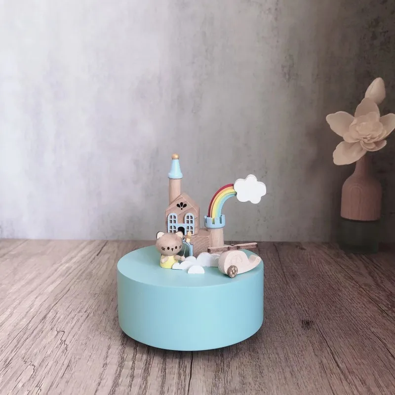 Rainbow Airplane Sky Castle Music Box, Handcrafted Blue Wooden Music Box, Festival Birthday Gift, Wooden Art Ornament