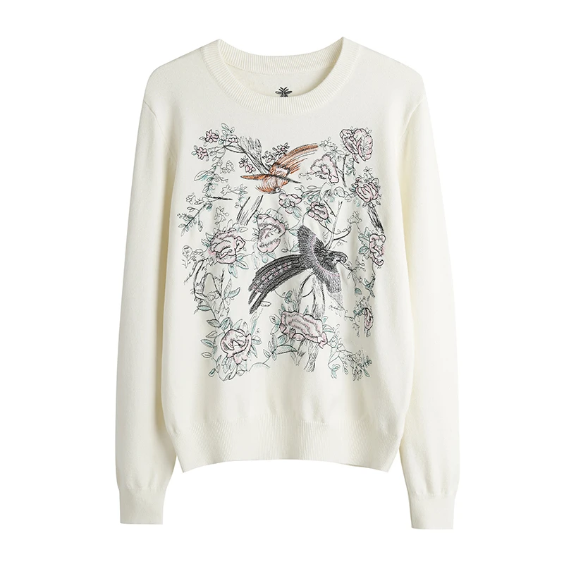 Autumn And Winter New Round Neck Pullover Landscape Bird Embroidery Knitwear Sweater Women's Long Sleeve Casual Brand Jumper