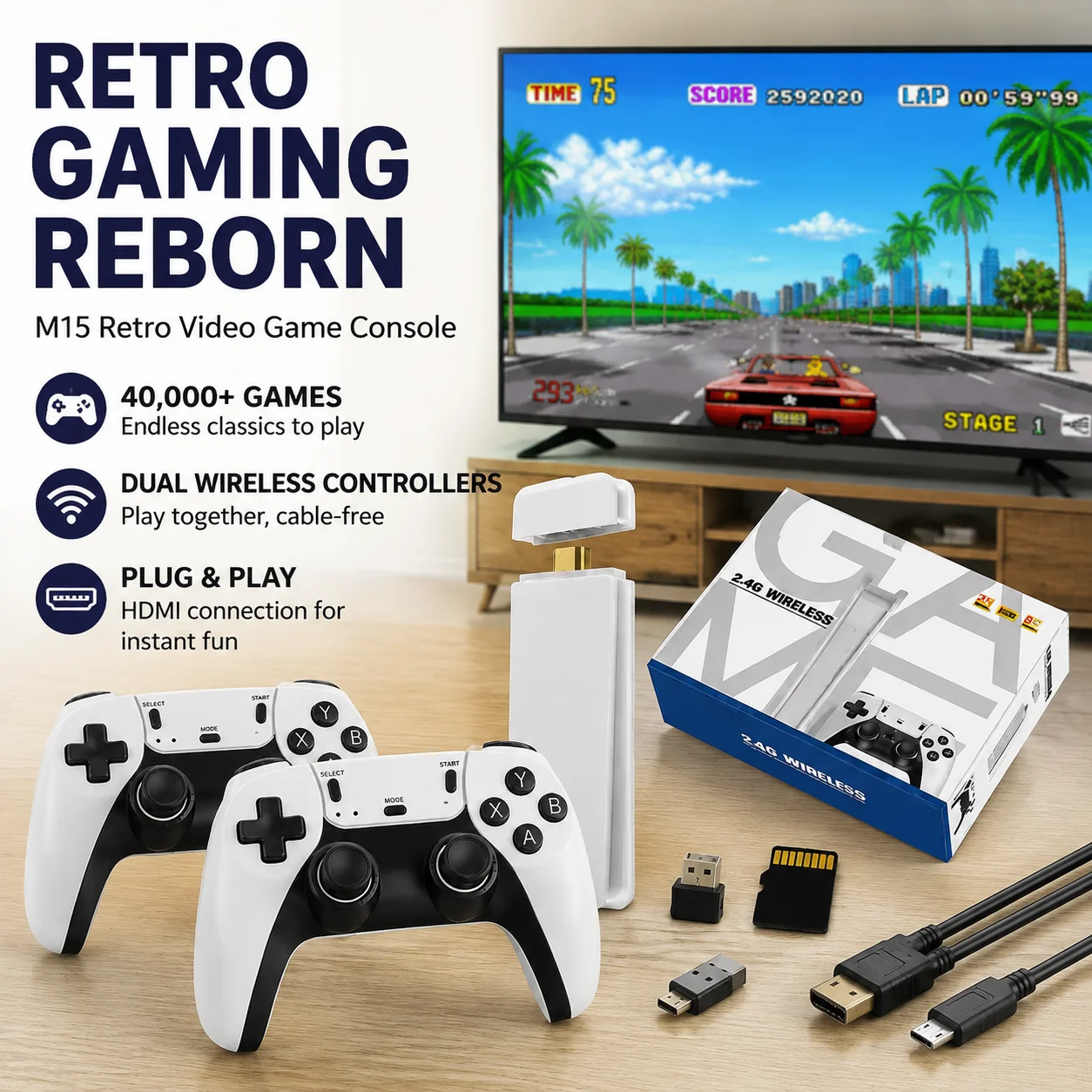 M15 Retro Video Game Console Wireless Controller Dual HDMI HD Arcade TV Game Player