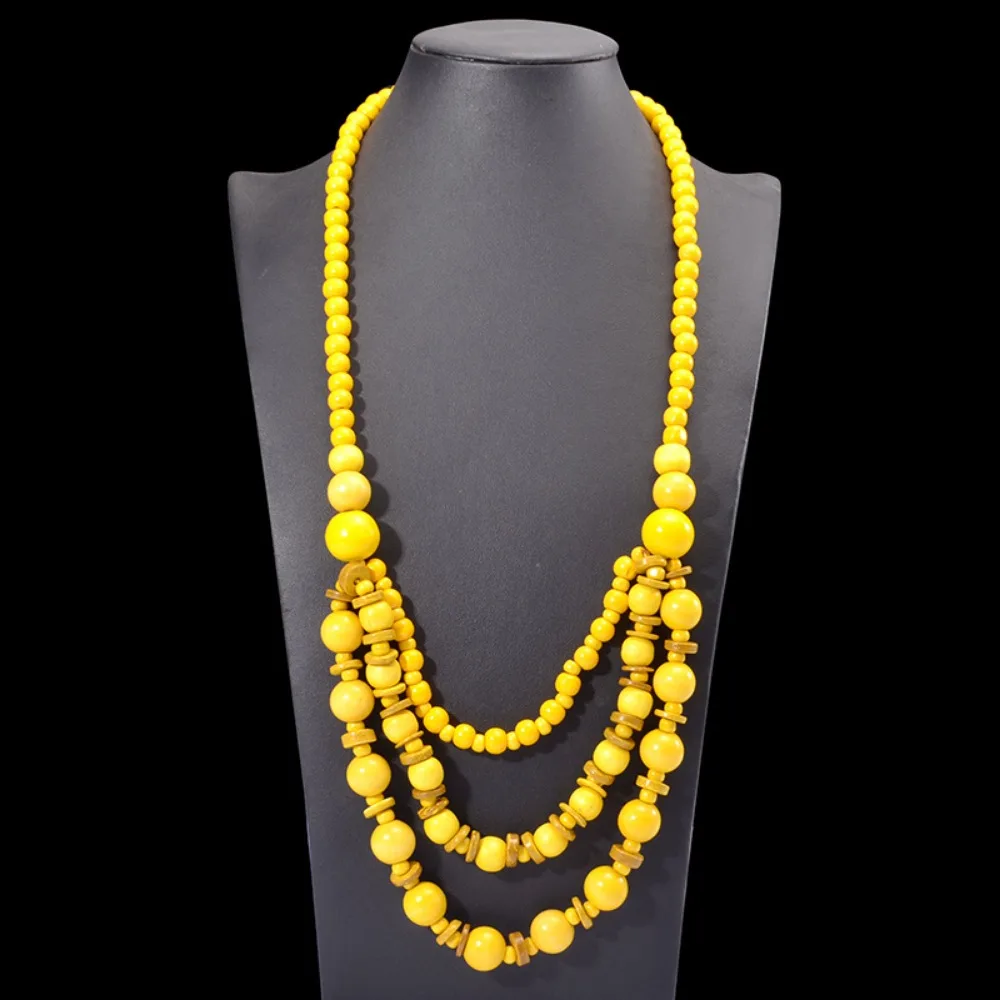 Bohemian Ethnic Style Handmade Beaded Long Necklace Retro Vacation Multilayer Wooden Beads Sweater Chain