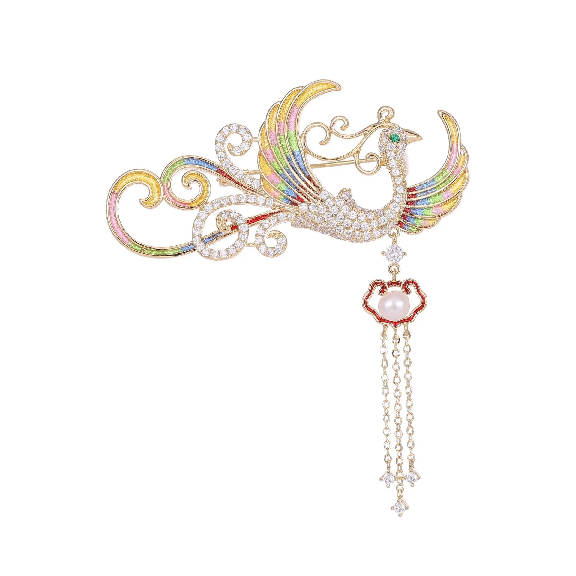 Broche accesorio cheongsam esmaltado al óleo elegante y refinado para mujer, broche de Fénix con borlas de lujo de alta gama