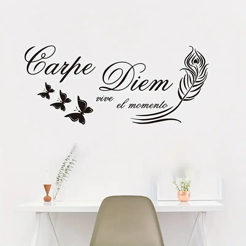 1pc Spanish "Carpe Diem" Motivational Wall Sticker - Contemporary Black PVC Decal with Butterfly & Pine Cone Design, Self-Adhesi view 2