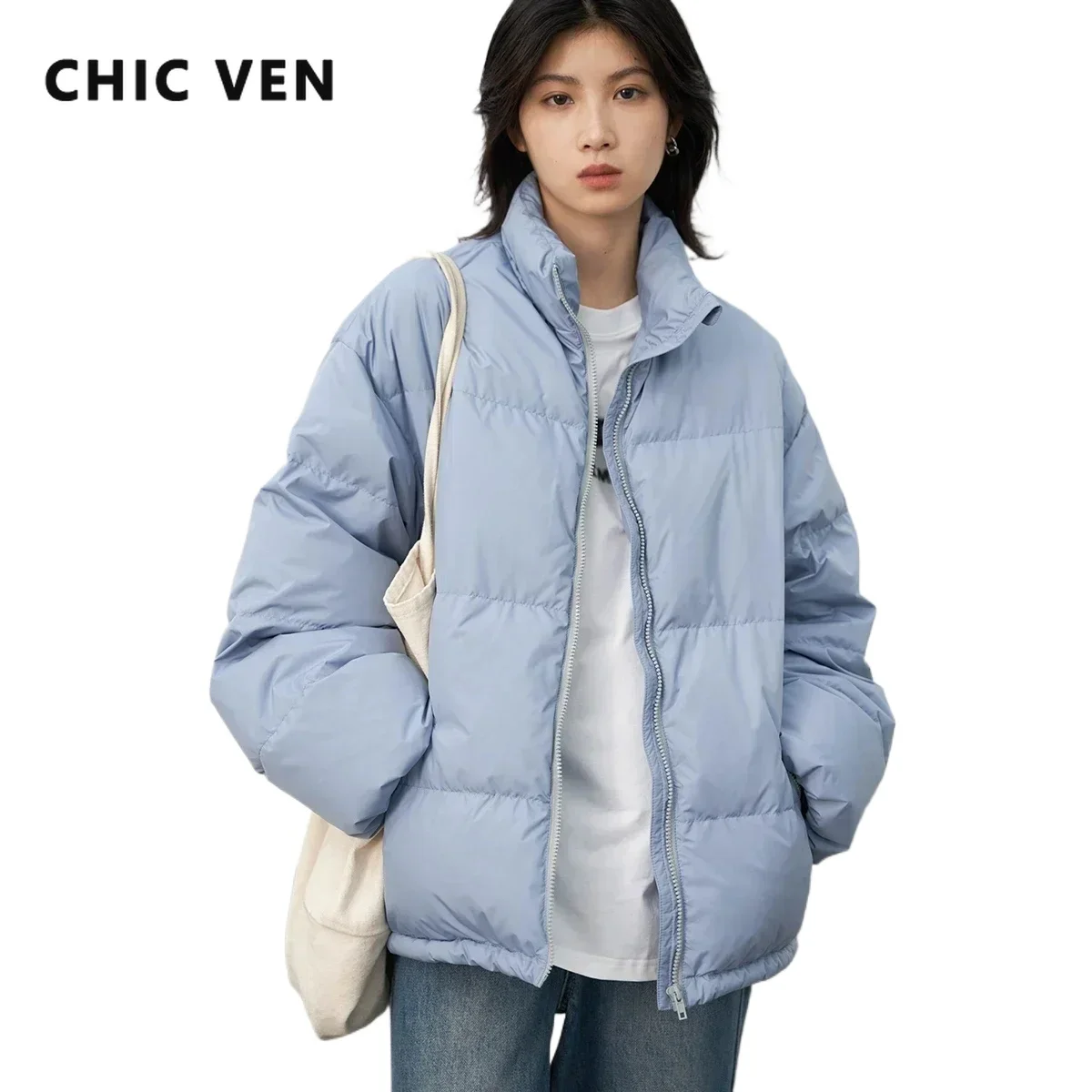 CHIC VEN Fashion Women's Bread Down Jacket Short 90 White Duck Down Thick Warm Down Coat for Woman 2024 Winter Loose Overcoat