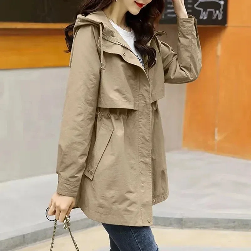 

Hooded Drawstring Trench Coats Mid-length Gabardina Fashion Women's Cargo Jackets Casual Zipper Khaki Windbreaker B161