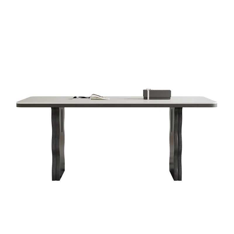 خشب متين من العصور الوسطى، طاولة طعام فاخرة خفيفة، طاولة طعام مستطيلة على الطراز الفرنسي، طاولة طعام من بلاطة الصخور البيضاء #1