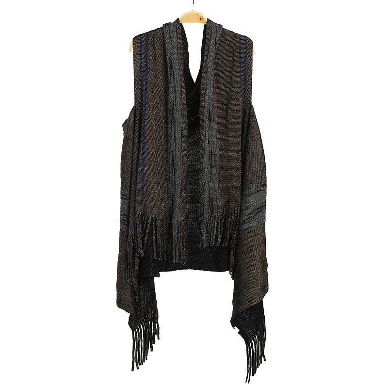 

Autumn Winter Imitation Cashmere Tassel Shawl Scarf Women Dual-use Cardigan Fashion Street Poncho Lady Capes Black Cloaks