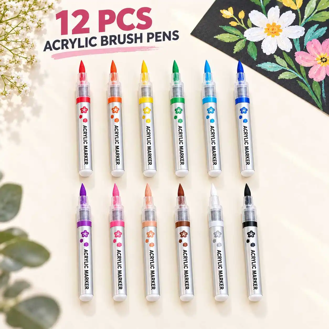 12pcs Direct Liquid Acrylic Paint Markers Soft Brush Tips 12 Colors for Fabric Canvas and DIY Art
