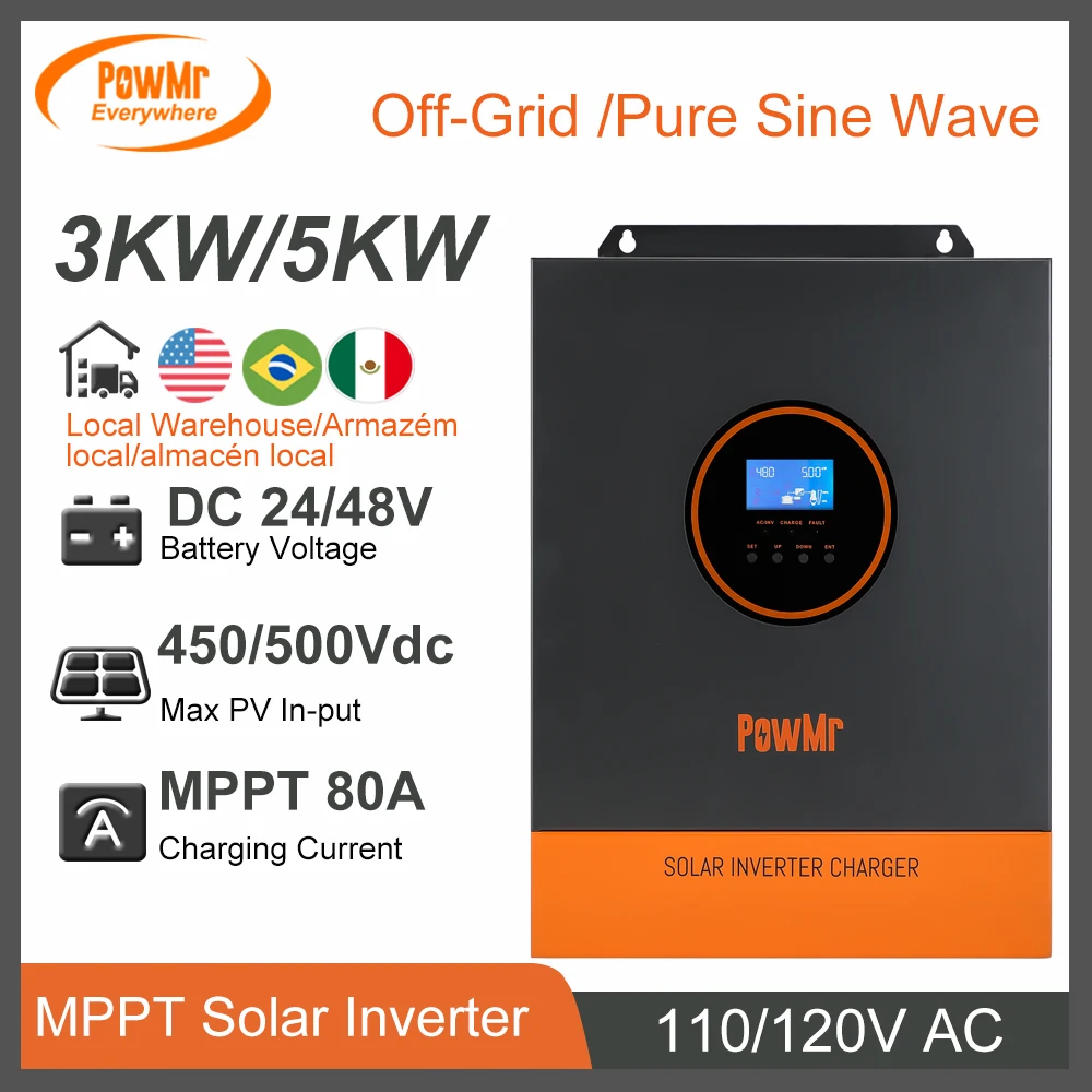 

PowMr 5000W 3000W Hybrid Power Inverter DC 24V 48V To 110V/120V AC with 80A MPPT Solar Charger Pure Sine Wave Solar Home System