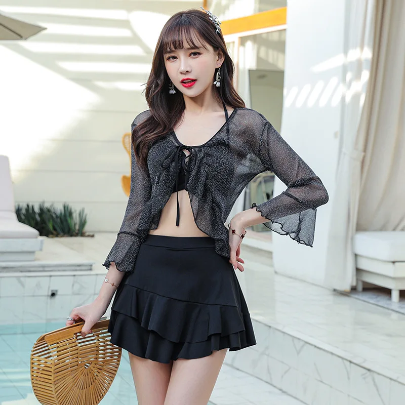 2023 New Sexy Women Beachwear Long Sleeve Bikini Set Swimsuit High Waist Swimwear Push Up Padded Bathing Suit Swimskirt