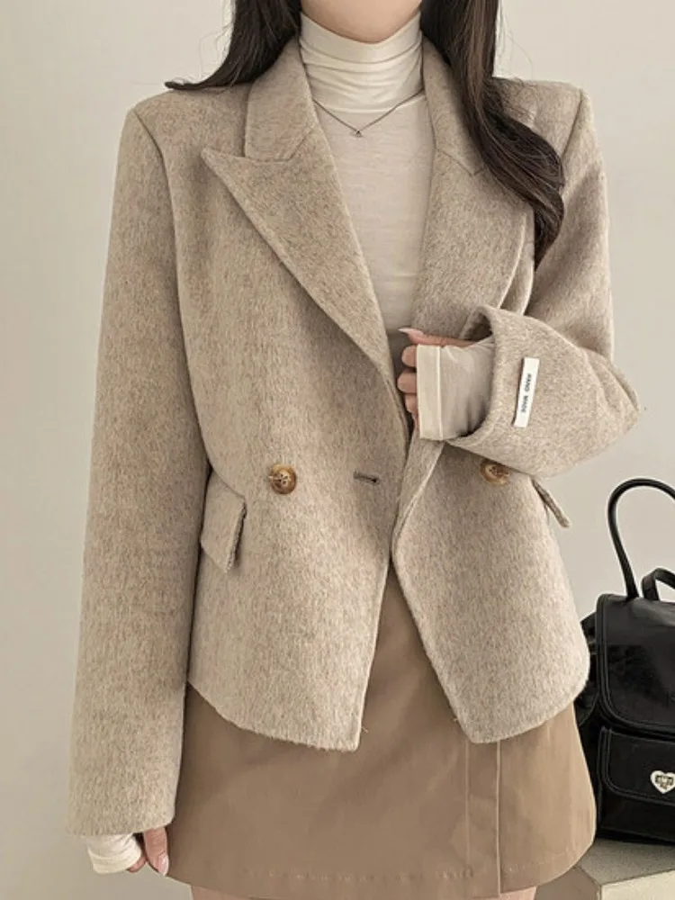 

Elegant Autumn Winter Woolen Coat Women's Loose Long Sleeve Suit Collar Double Breasted Casual Versatile Fashion Outerwear