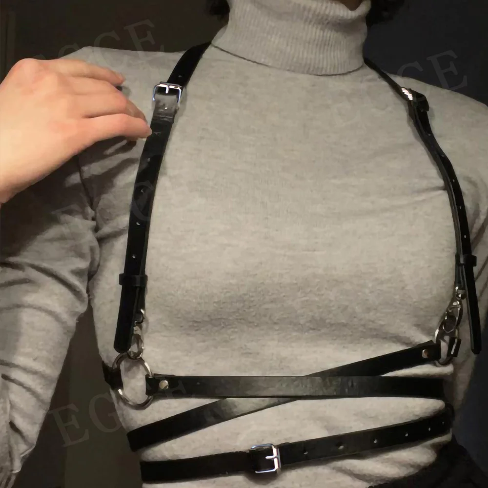 Sexy Harness Mulheres Anel Ligado Ombro Ajustável Moda Arnês PU Couro Corpo Bondage Punk Cinto Cage Roupas Rave