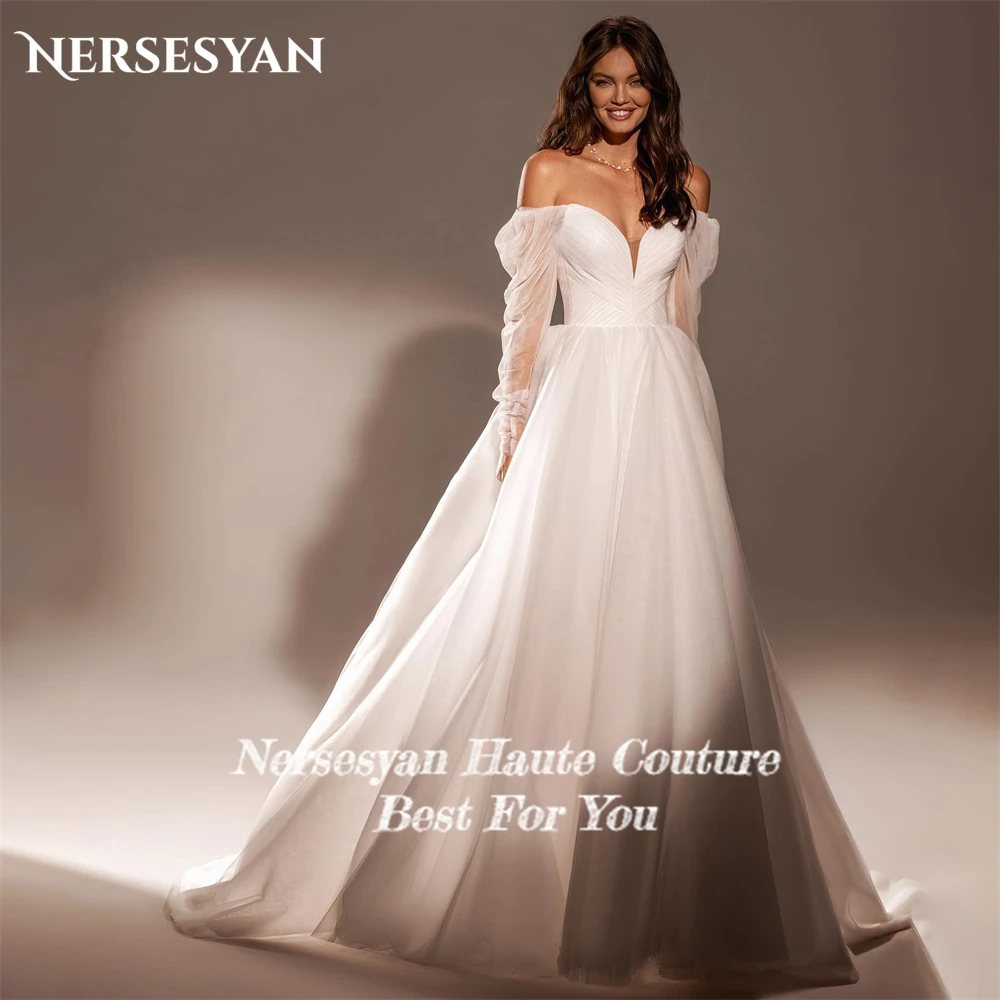 Nersesyan-vestidos de novia Vintage de tul, traje de novia con espalda descubierta, manga larga fruncida, hombros descubiertos, línea A, cuello en