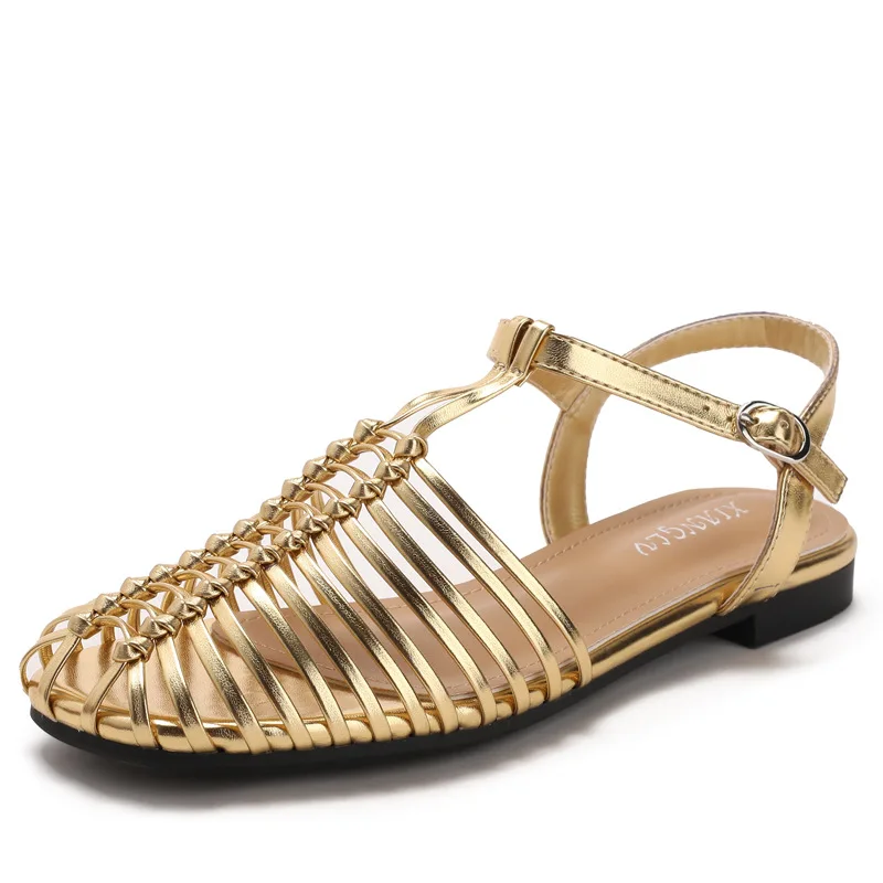 Handwoven Roman Sandals Women's New Style Hollow out Low Heel Buckle Strap Casual Shoes Summer Travel Comfortable Breathable