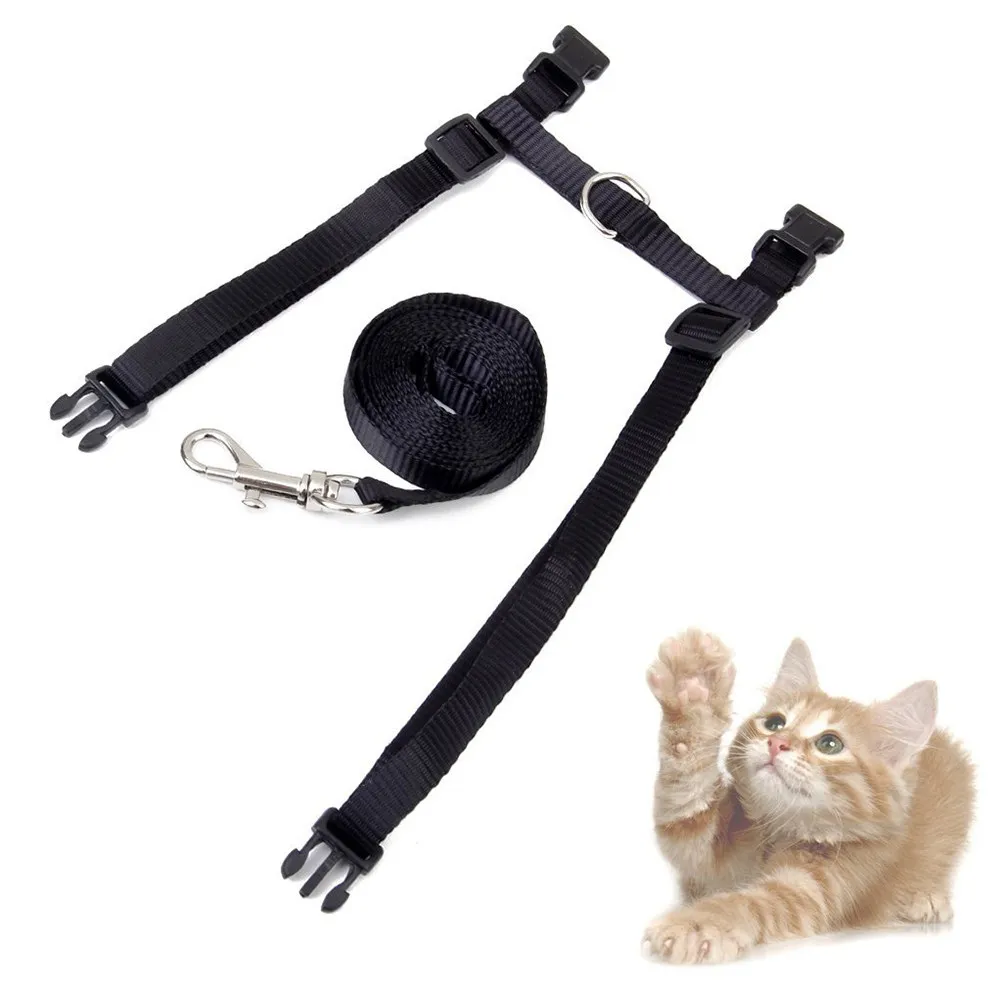 Pet Cat Harness Leash Set Adjustable Black Nylon I-Shaped Strap Secure Metal Buckle D-Ring Safety Traction Rope for Cats