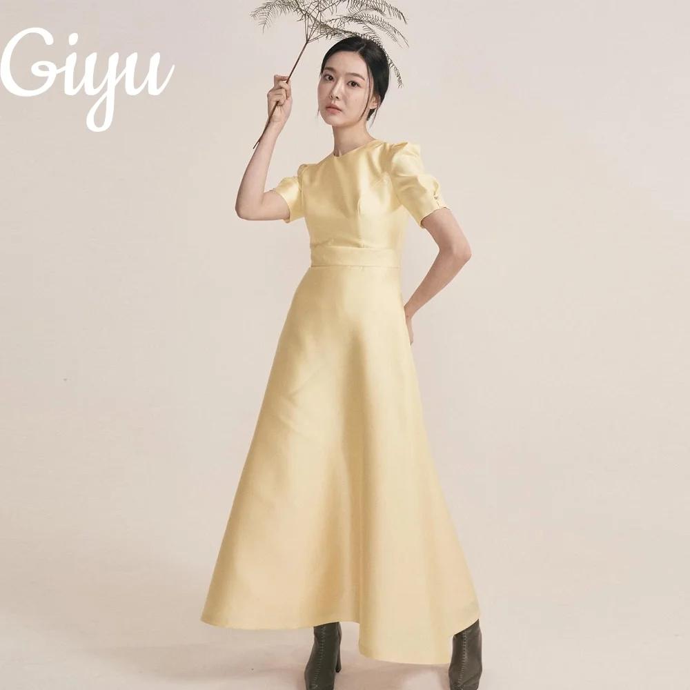 

Giyu Modern Yellow A-line Satin Wedding Party Dress New Short Sleeves Pleat Korea Photoshoot 웨딩드레스 Ankle-Length Customized