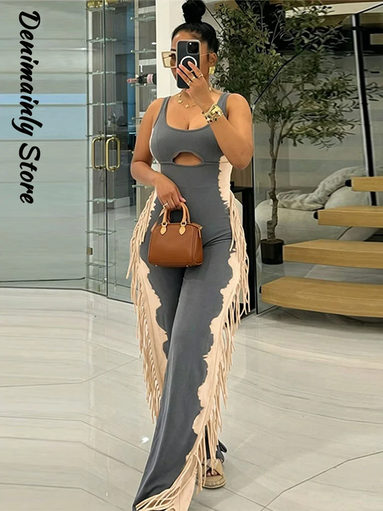 Chic Women's Contrasting Tassels Jumpsuit Slim Square Neck Sleeveless Hollow Out Backless Romoer 2026 Summer Lady Street Clothes