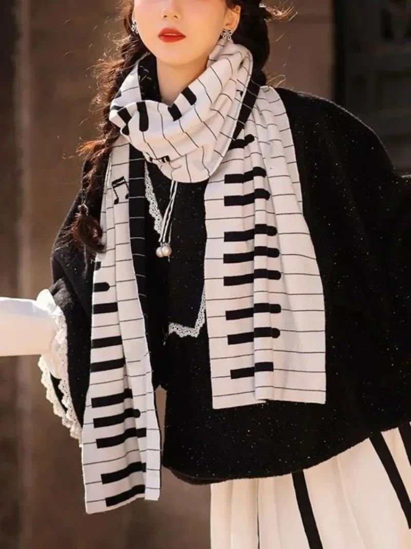 

Зимний шарф 2025 в стиле Y2K: гранж, унисекс, Харадзюку, вязаный, черно-белый, с жаккардовым узором «Пианино», готический