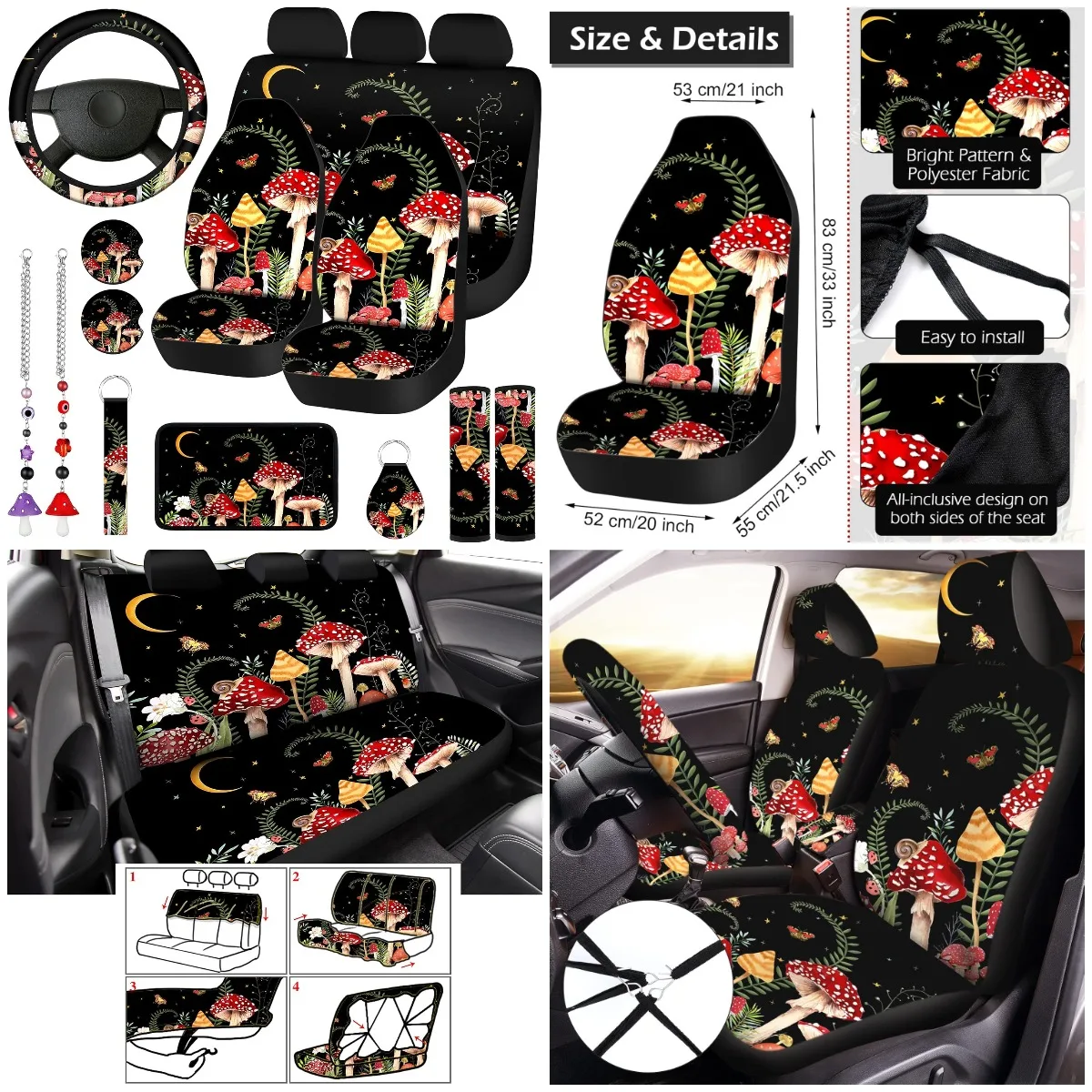 

17-Piece Mushroom Car Seat Covers Set, Front Rear Seat Protector with Wheel Belt Cover & Mirror Ornament, Forest Theme