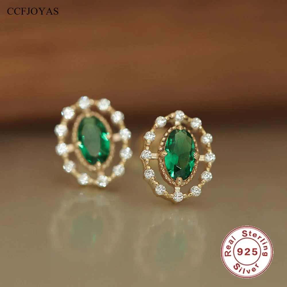 

CCFJOYAS 100% 925 Sterling Silver Emerald Zircon Oval Small Earrings for Women Retro Gold Color Fashion Jewelry