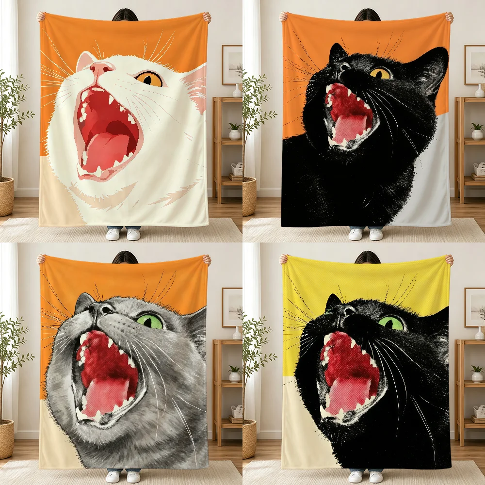 Retro Cat Illustration Blanket Printed Flannel Soft Warm Cozy Season Nap Bed Sofa Travel Camping Gift Adults Kids
