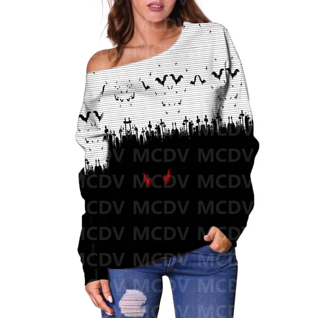 Women's Off Shoulder Sweater Halloween Bat 3D Printed Women Casual Long Sleeve Sweater Pullover