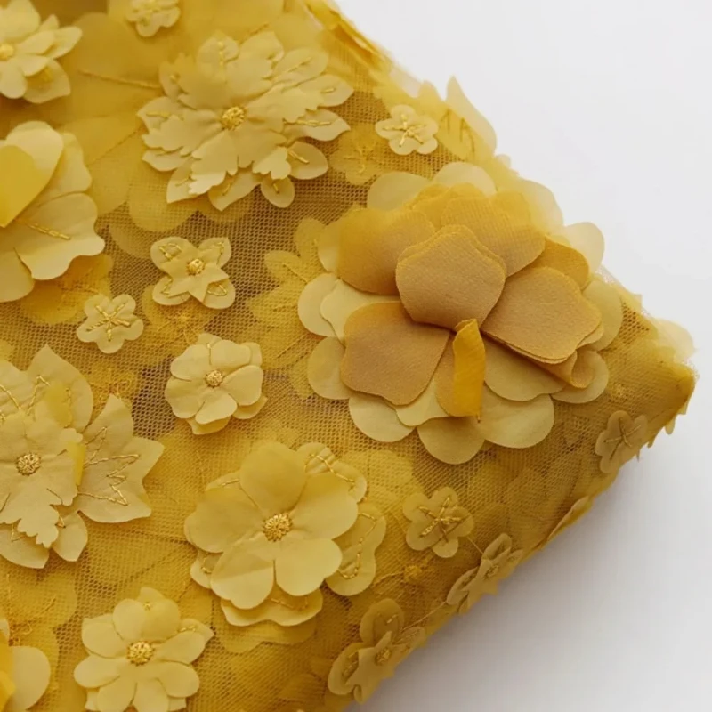 

Yellow 3D Embroidered Floral Mesh Lace Fabric for Wedding Dresses, Cheongsams, and Designer Apparel By The Yard