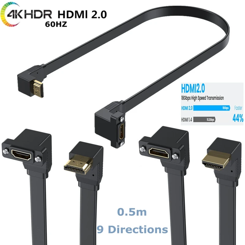 50cm Flat HDMI-compatible 2.0 male and female Elbow Extension Cable, With Screw Hole Panel Installation, High-Speed 4K 60Hz