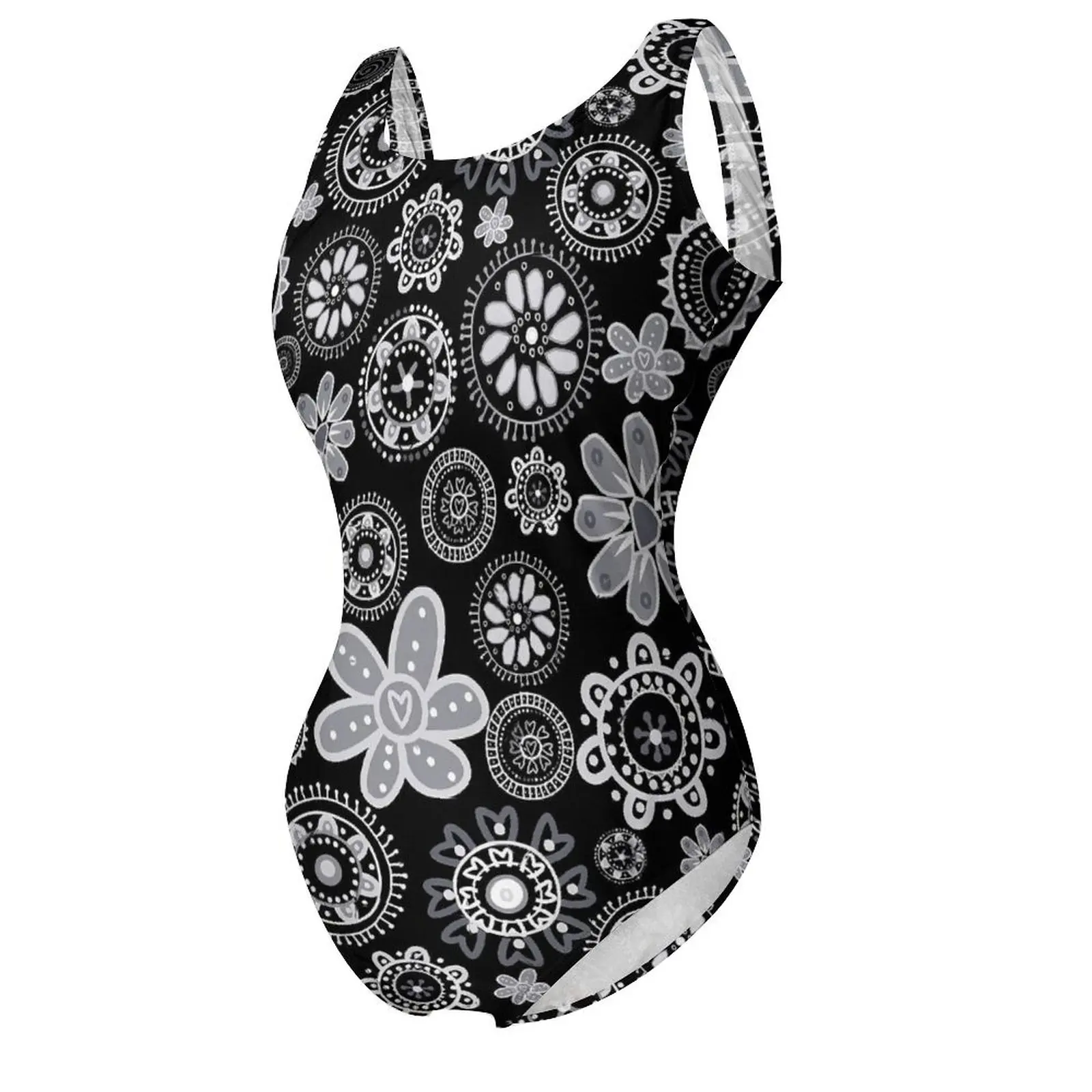 Abstract Ditsy Floral Swimsuit Black White Push Up Swimwear One Piece Holiday Rave Bathing Suit Bodysuit Sexy Design Beach Wear