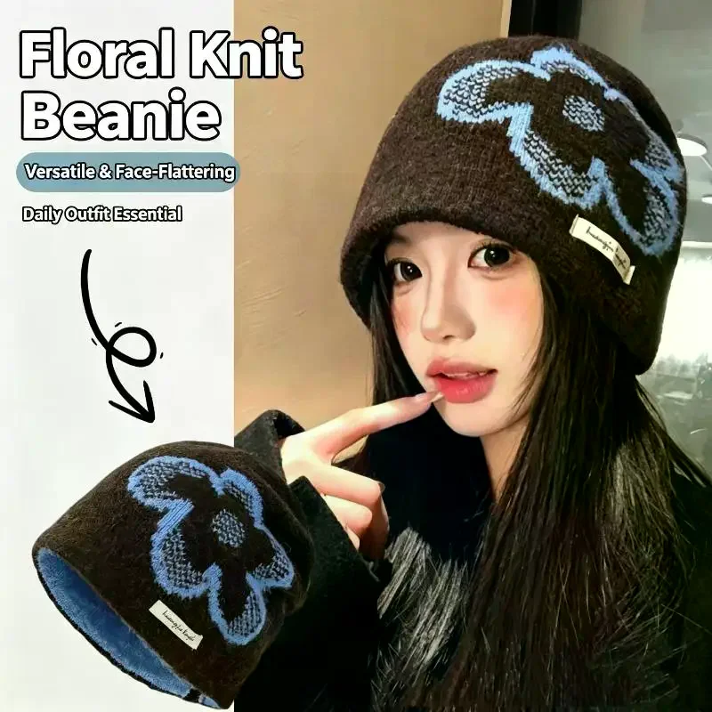 Women Knitted Beanie Hat Blue Flower Pattern Soft Fleece Lining Warm Winter Cap For Daily Cold‑Weather Wear