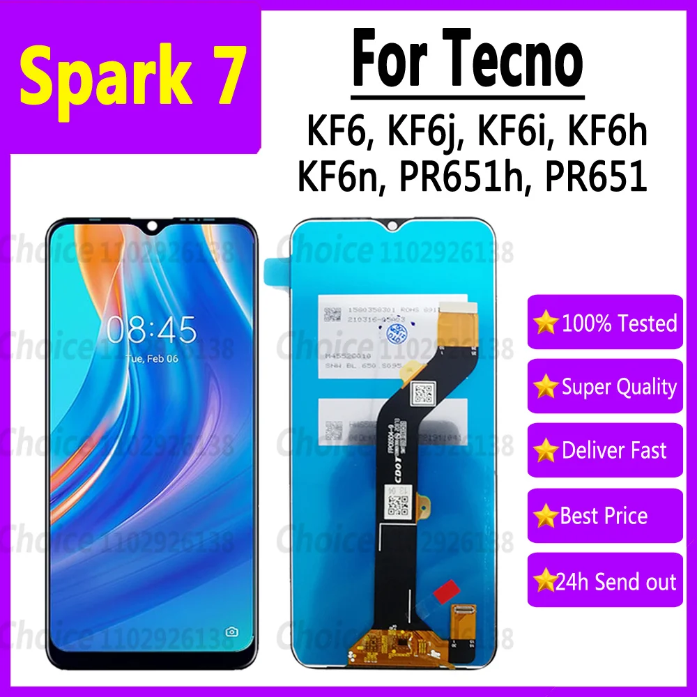 6.5inch For Tecno Spark 7 LCD Display KF6 KF6j KF6i KF6h KF6n PR651 Screen Touch Panel Digitizer Sensor Assembly Replacement