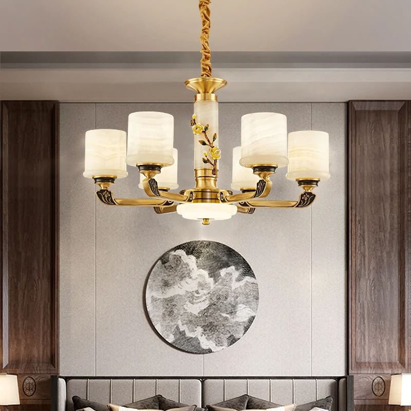 

New Chinese Living Room Chandelier All Copper Natural Jade Hotel Restaurant Lamp Chinese Style Villa Duplex Hall Lamps 2025 Hot