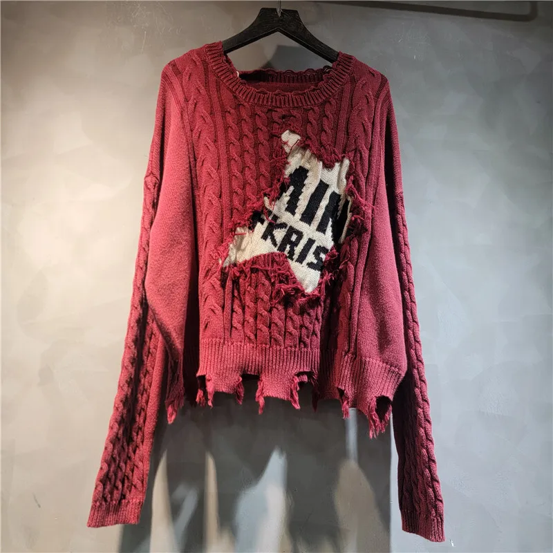 HKSH Personalized Trendy Loose Fashion Women's Tide Punk 2024 Autumn Winter New Distressed Fabric Color Contrast Sweater HK3215