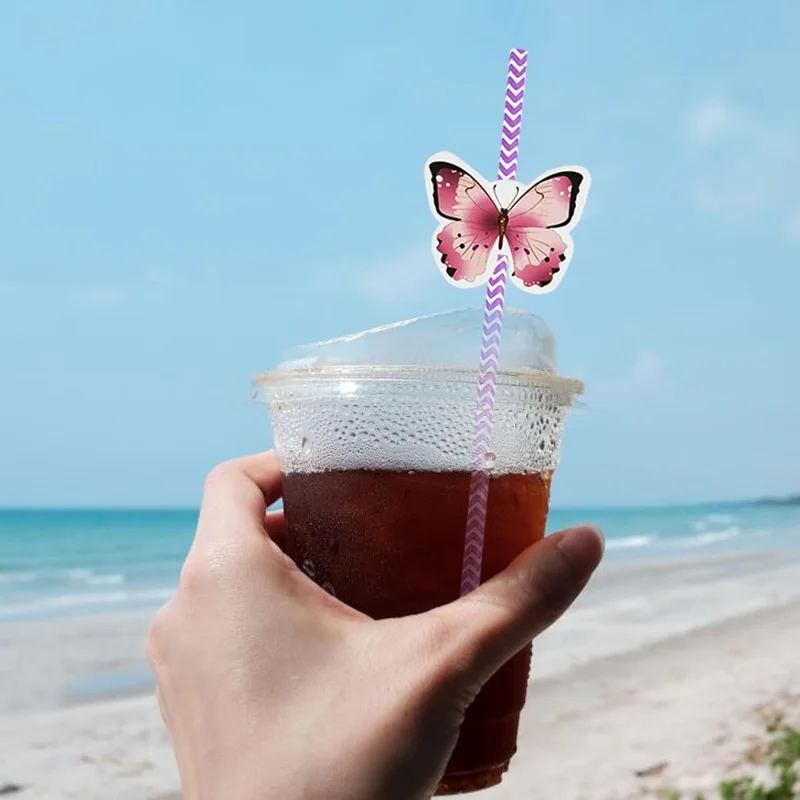 24 قطعة من شفاطات الورق على شكل فراشة أرجوانية، شفاطات مخططة للشرب على شكل فراشة، زينة لحفلات أعياد الميلاد وحفلات الزفاف للفتيات