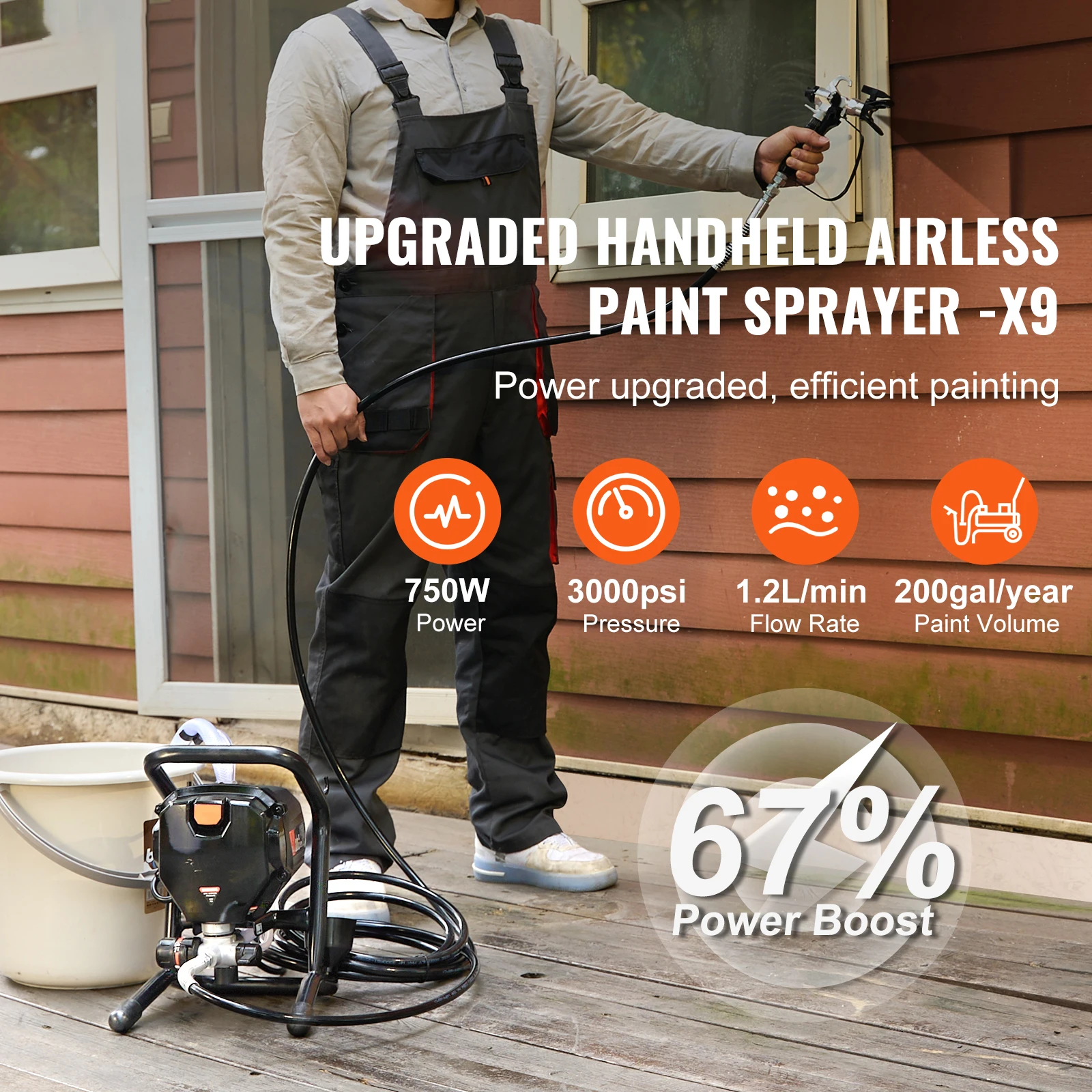 Stand Airless Paint Sprayer, 3000PSI 750W Efficient Electric Airless Sprayer, Handheld Paint Sprayers, Fine and Even Painting Effect, Designed for Home Interior and Exterior Furniture and Fences