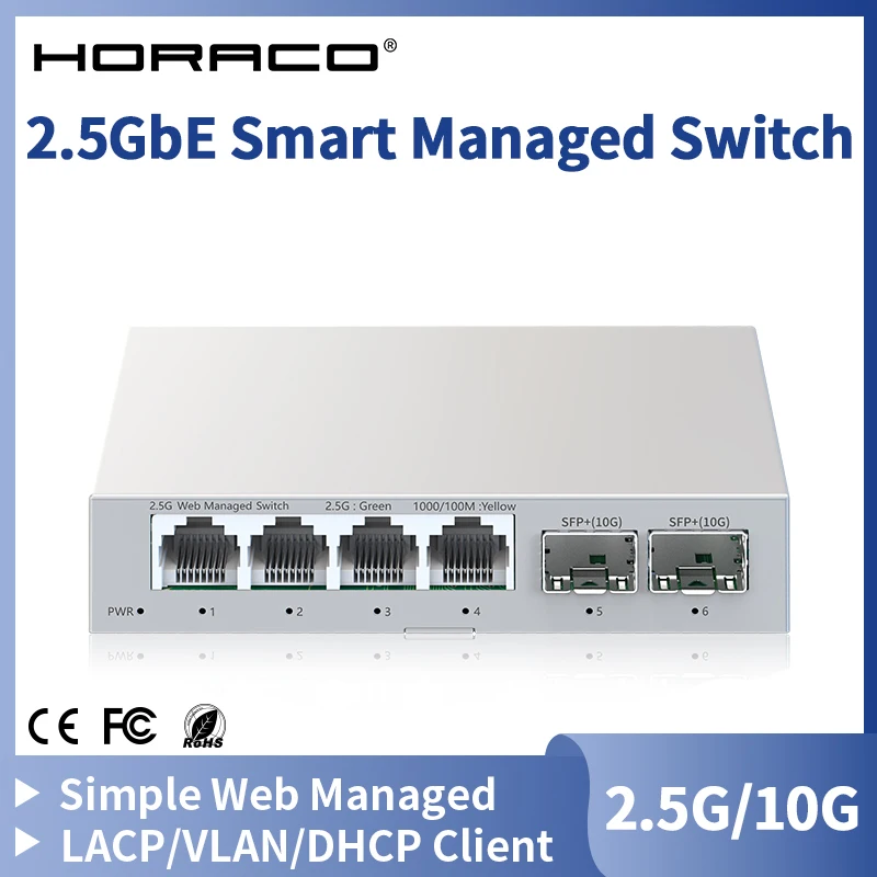 HORACO 2.5GbE Smart Managed Switch 4 Port RJ45 2500Mbps Web Managed Ethernet Network Switch 2 Port 10G SFP+ Slot Home Lab Switch