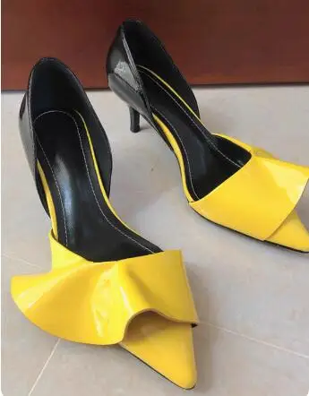 

Yellow Black Patent Leather Ruffles Side Cutout Kitten Heels Pump Women Pointed Toe Hollow Mixed Color Cover Heel Shallow Pumps
