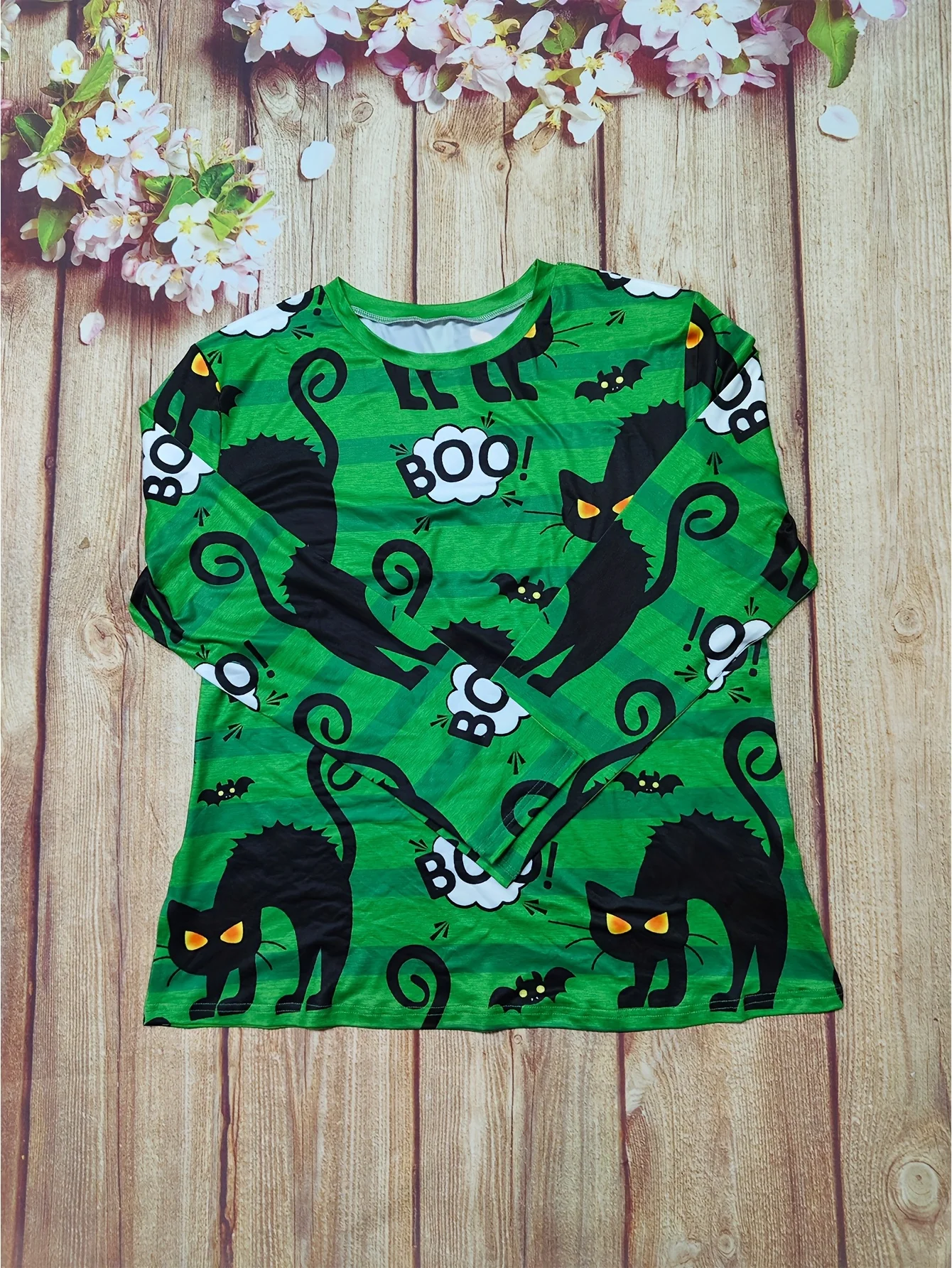 Plus-sized women's cat print, casual round neck long-sleeved Halloween T-shirt, funny black cat and 