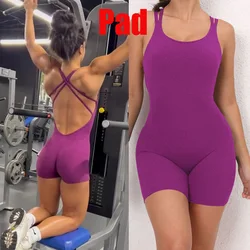 New Pad Nylon Bodycon One Piece Jumpsuit Skinny Yoga Set Scrunch Shorts Breathable Women Wrinkle Hip Exercise Workout Active