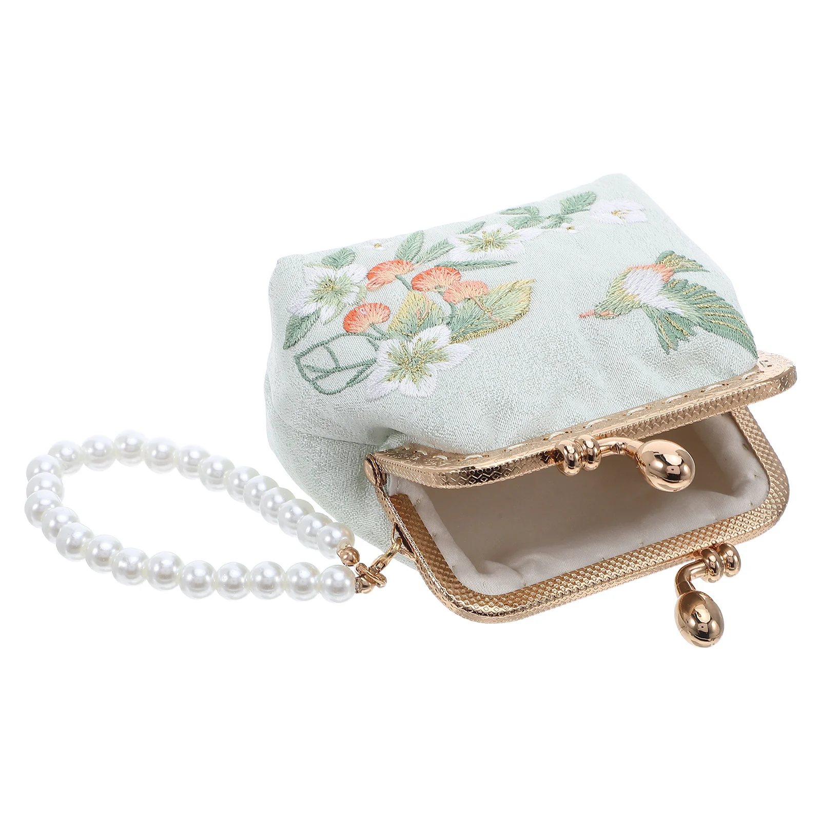 Chinese Traditional Flower Embroidery Wallet Double Clasp Mini Makeup Pouch Pearl Decoration Clutch Purse Women