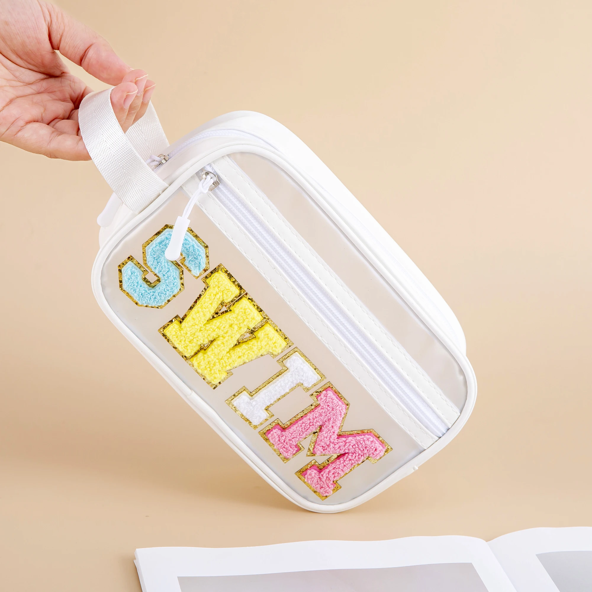 Women Cute Transparent Preppy Chenille Letter Clear PVC SWIM Makeup Bag MEDS Medicine Pouch with Strap Handle Cosmetic Pouch