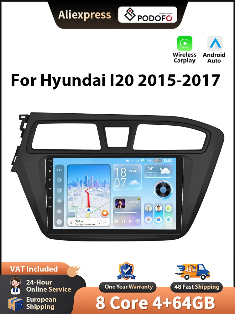 Podofo draadloze CarPlay voor Apple voor Hyundai I20 2015-2017 Android Auto autoradio GPS FM/RDS stereo WiFi BT multimediasysteem - afbeelding 2