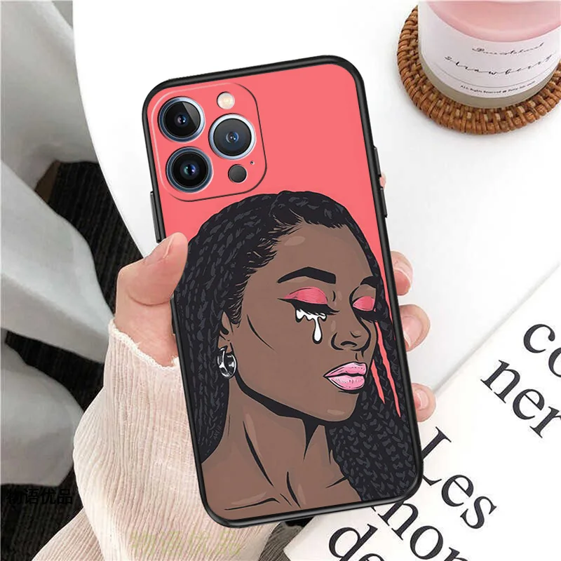 Phone Case for iPhone 16ProMax 14 13 15 Pro Max 12 11 XR SE 7 8 16 Plus Fashion Sad Girl Tears Cartoon Soft Black Silicone Cover